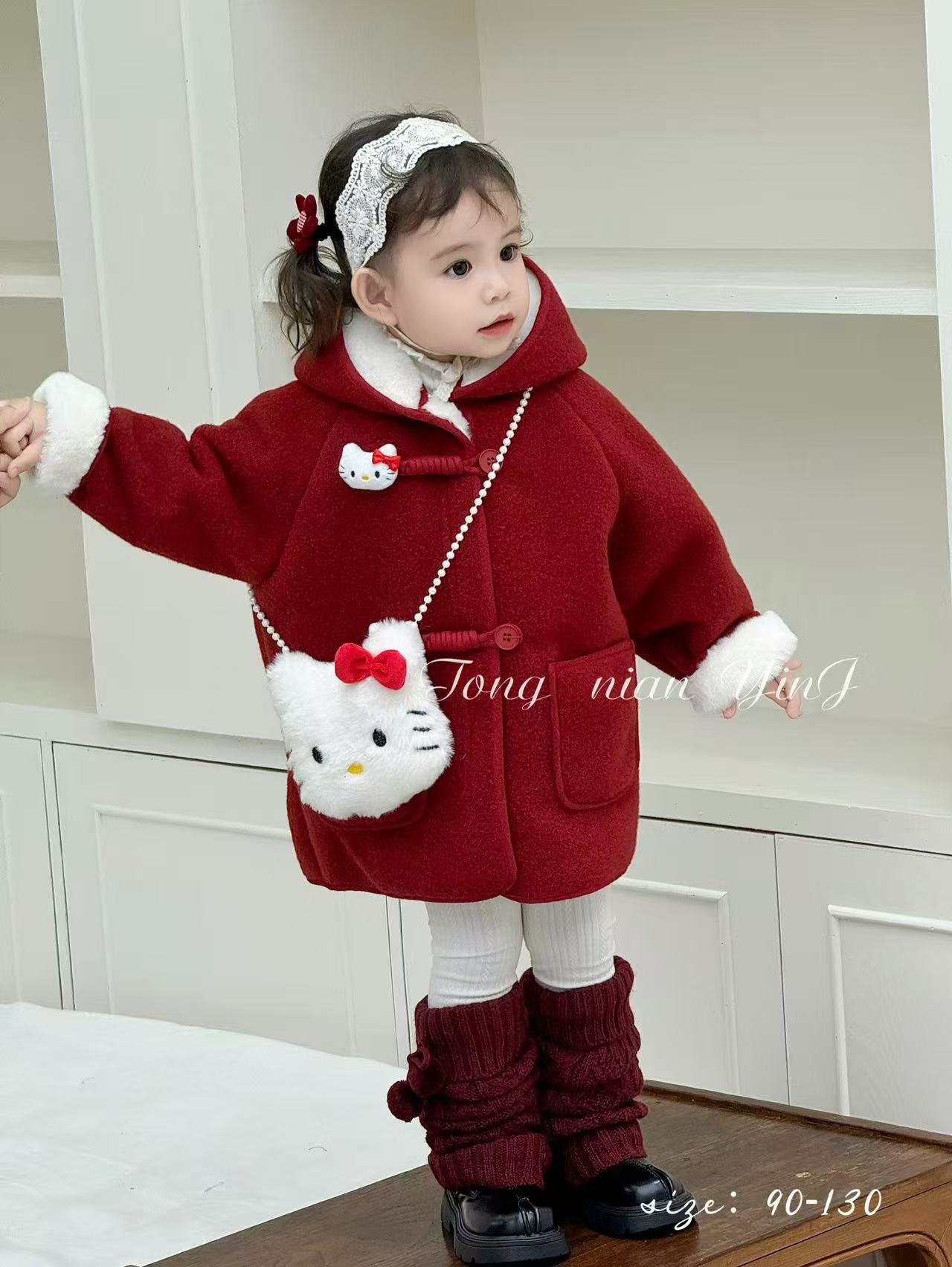 冬季普通外套拜年服加绒加厚款呢大衣连帽厚款KT背包款可爱洋气