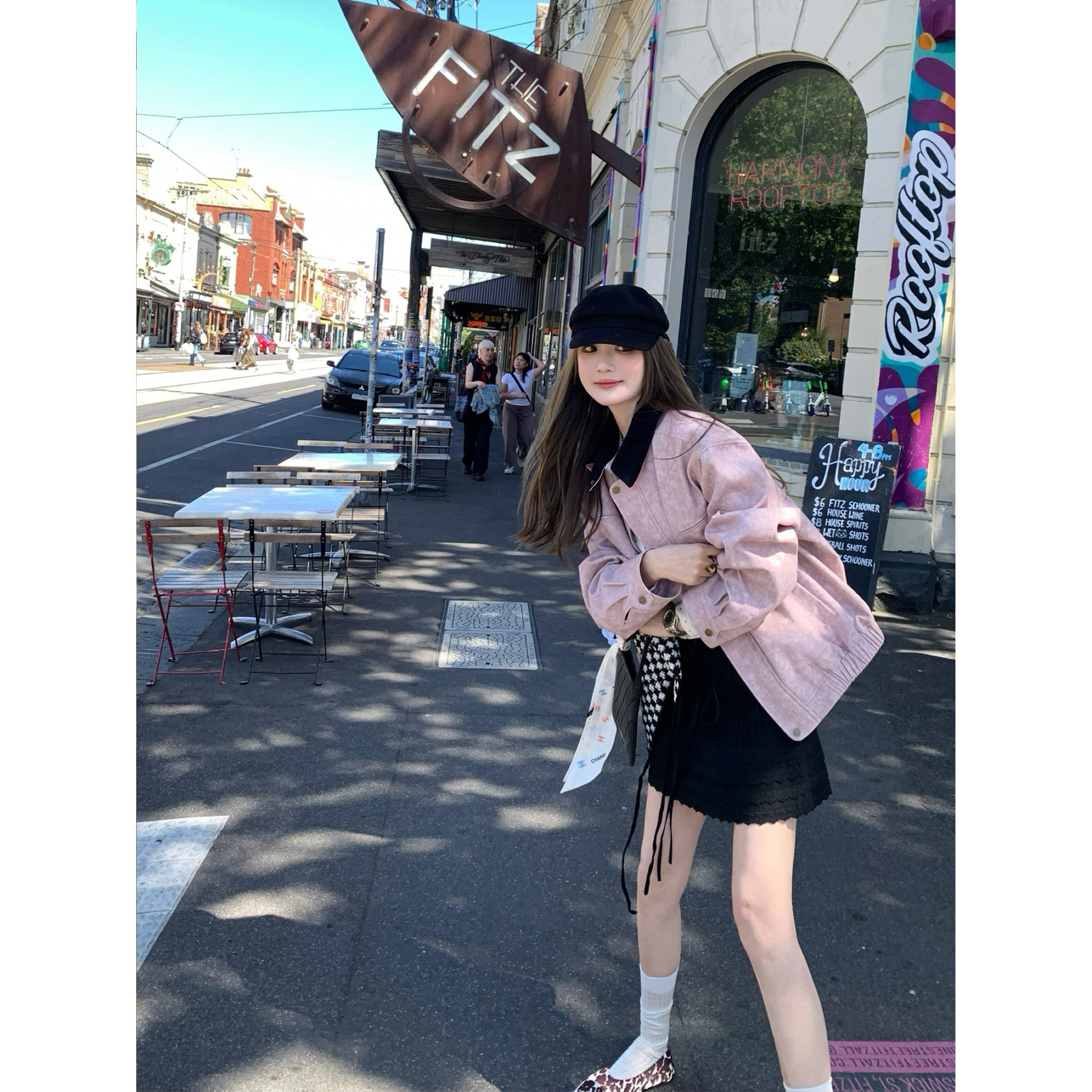 玫瑰茶渍 巴恩风撞色拼接翻领外套夹克女秋宽松廓形口袋显瘦上衣