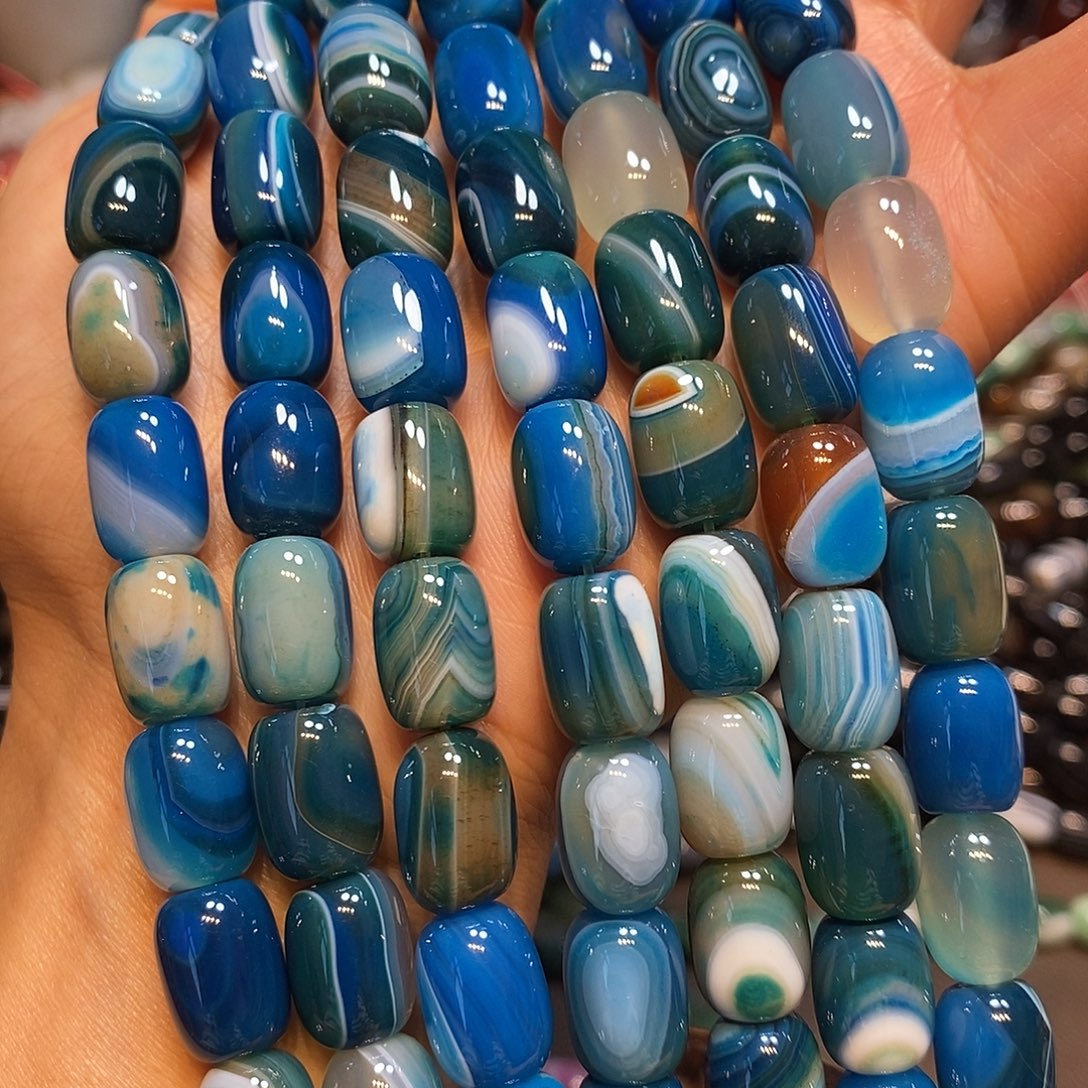 玛瑙/玉髓未镶嵌珠宝半成品10✖️14mm蓝玛瑙桶条纹一条