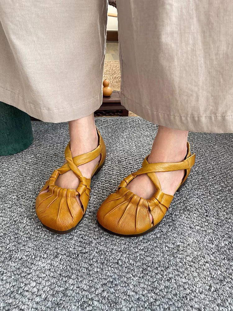 【木木新品】2415-1#编织包头牛皮凉鞋