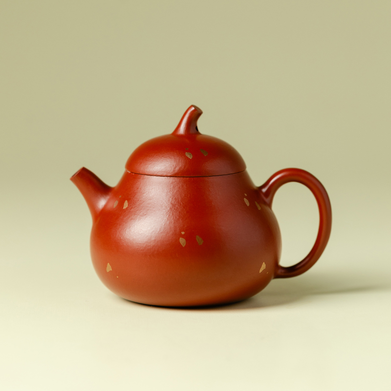 （阿萌茶事）紫砂朱泥洒金-手工茄瓜壶(明针工艺)