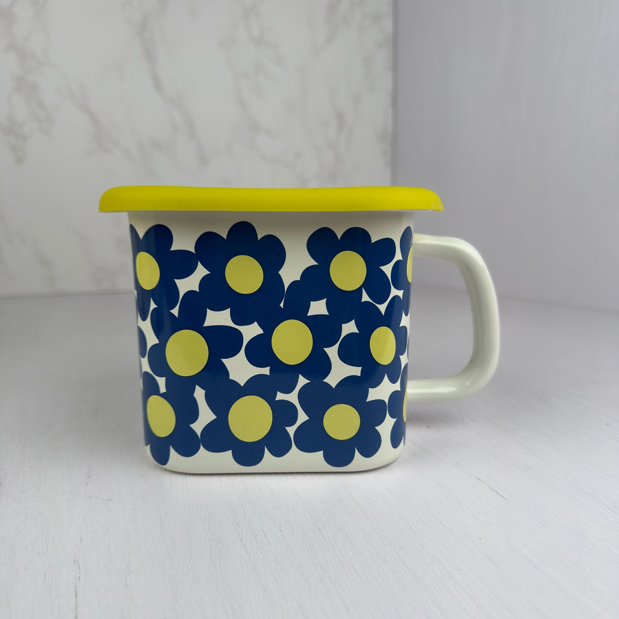 日韩14cm蓝黄花朵轻珐琅方杯正方形波点保鲜杯