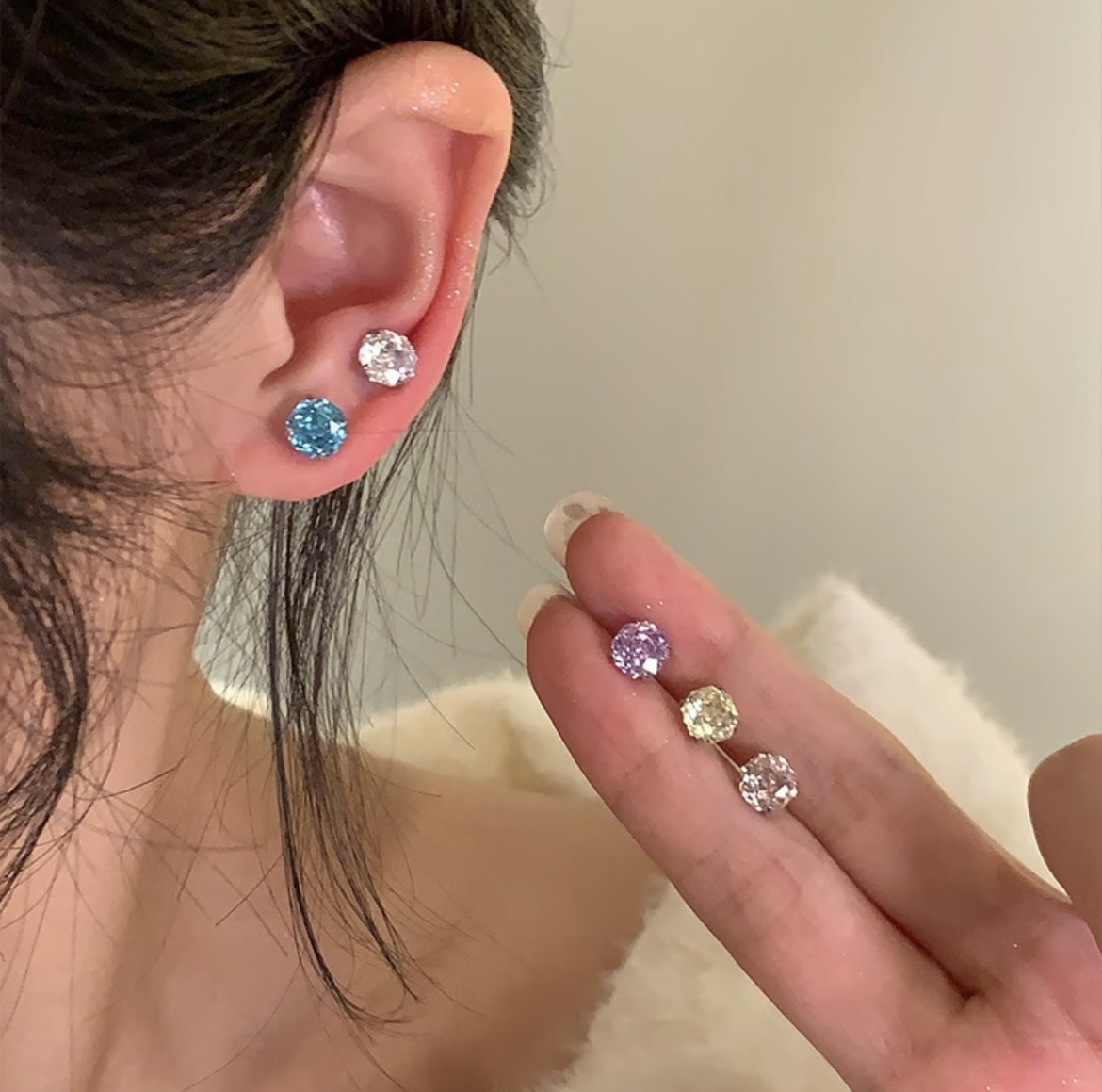 钛钢锆石耳饰 ins风简约百搭耳钉 拍1对发2对共4只