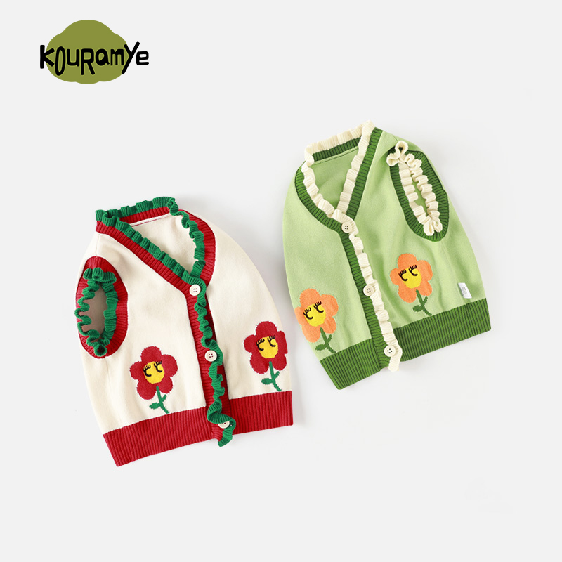 酷娃米儿童衣服女童秋装毛衣洋气清新风花朵百搭针织背心1433