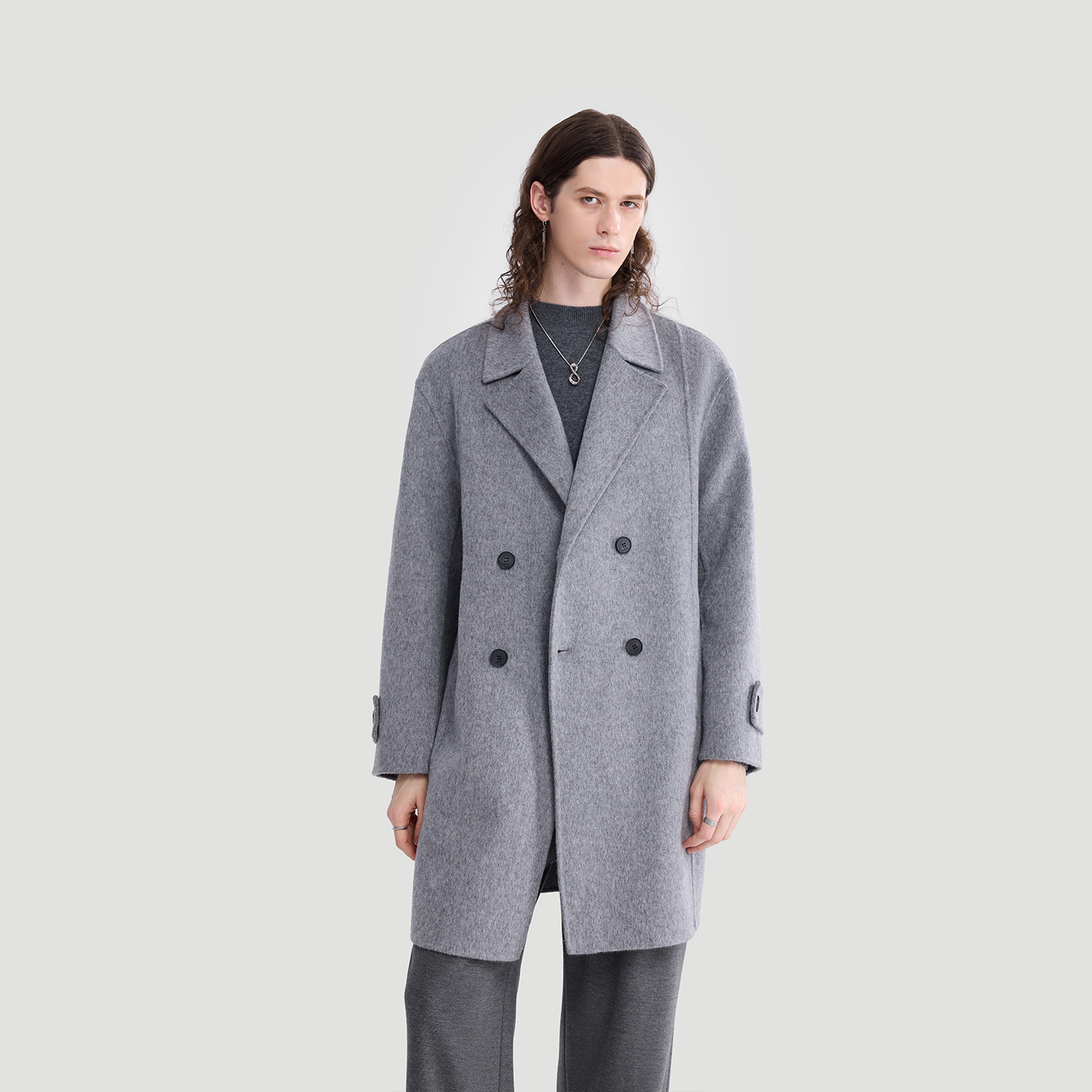 HERBEL/黑白秋冬骆驼绒中长款毛呢大衣 男士休闲加厚外套潮流