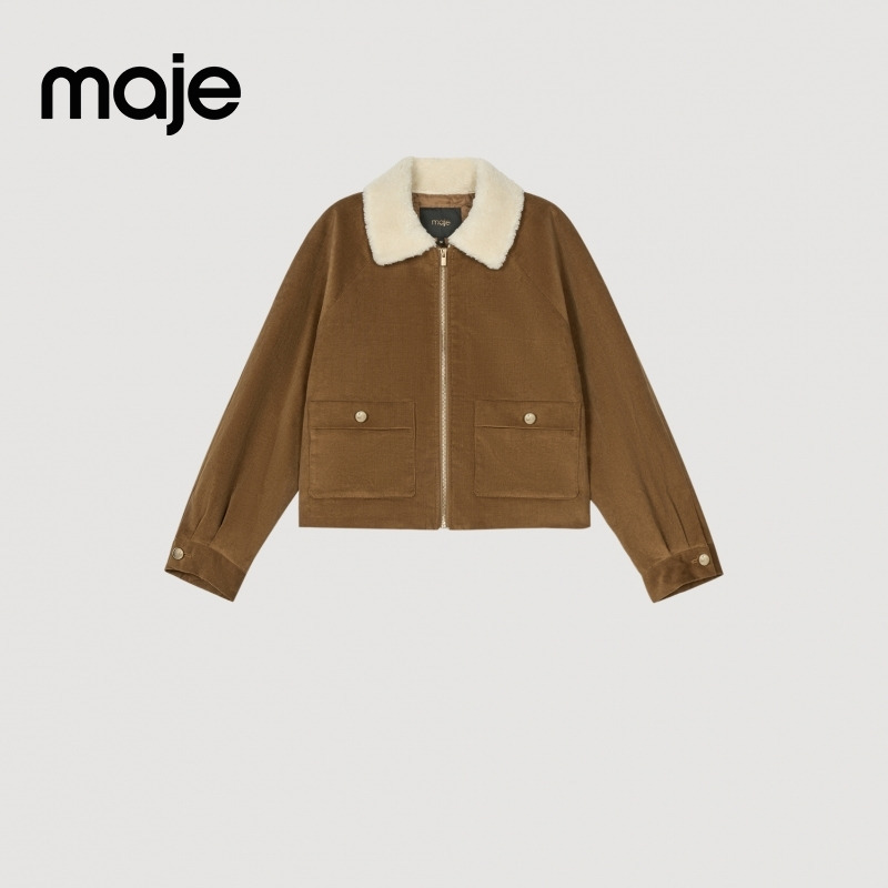 Maje2025秋冬新款法式驼色灯芯绒翻领仿皮草短款夹克MFPBL00835