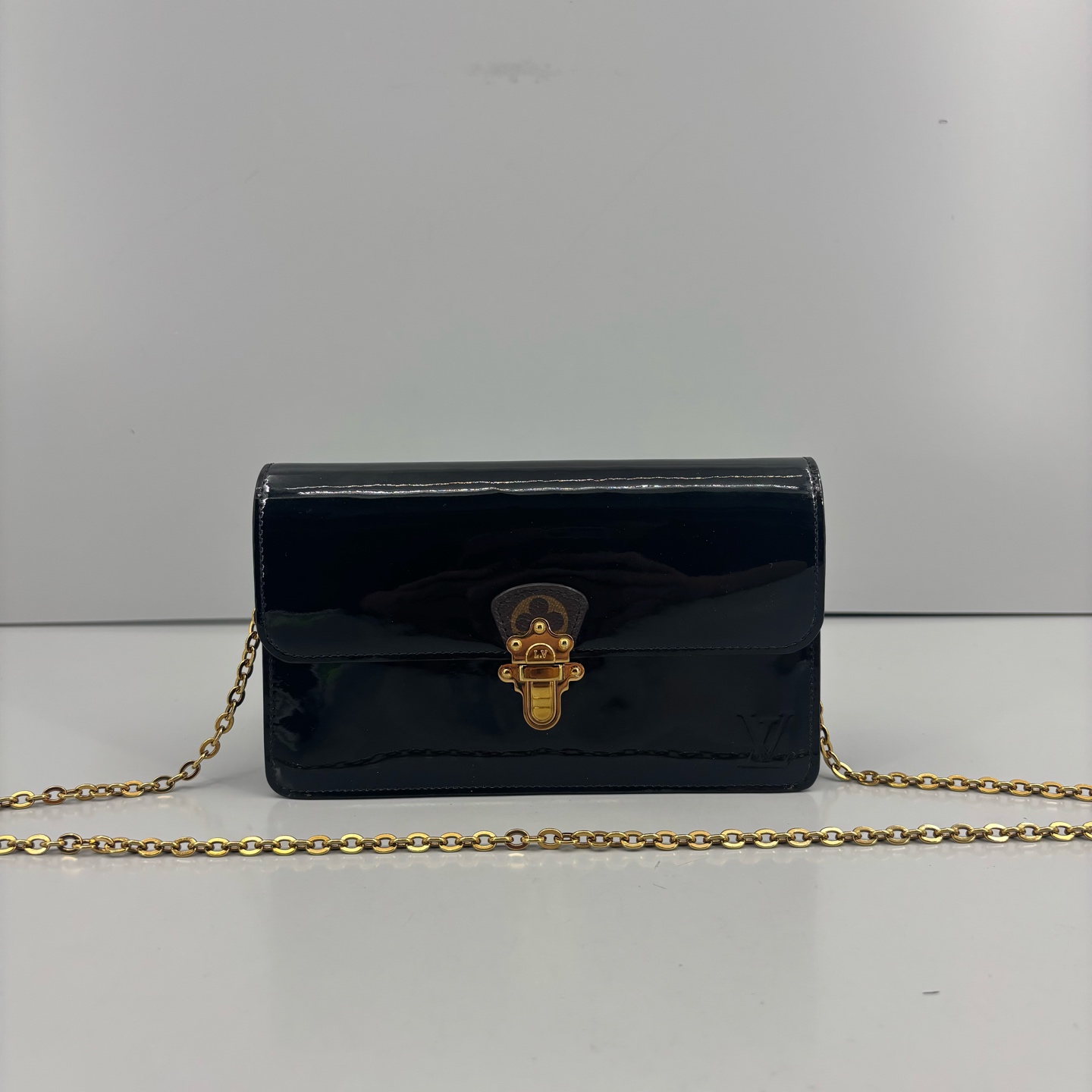 95新 LouisVuitton/路易威登 优选/黑色漆皮老花链条包/19×12×4