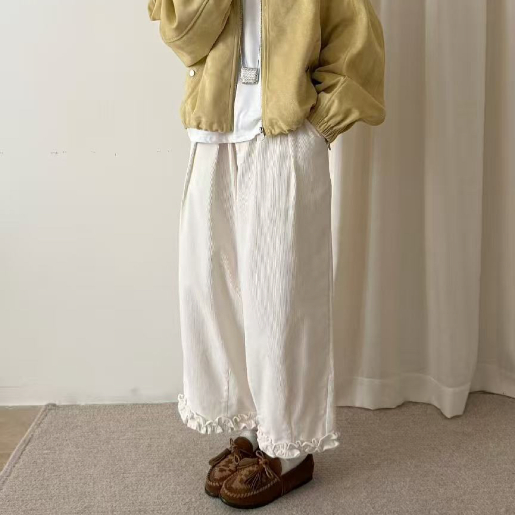 韩系木耳花边灯芯绒休闲直筒裤女松弛感松紧高腰宽松九分阔腿裤子