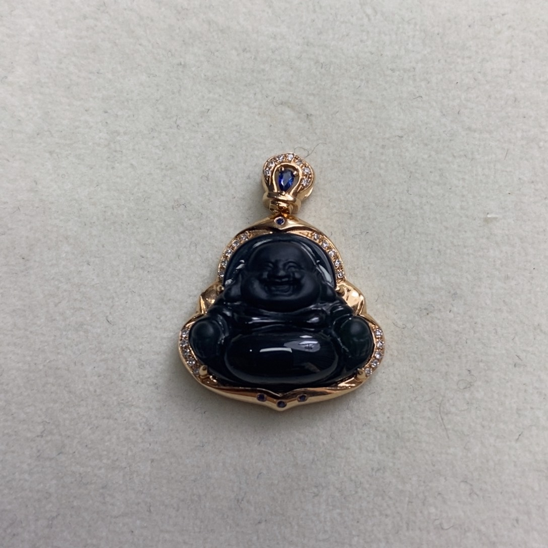 翡翠颈饰18K金镶嵌墨翠佛公