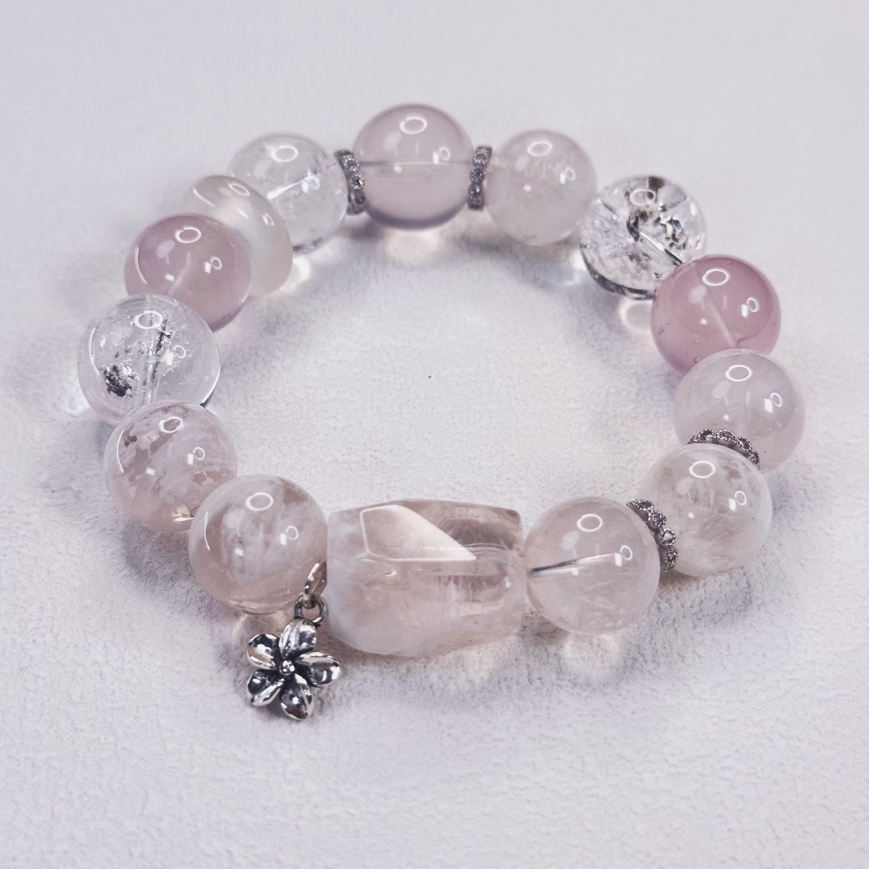 设计款粉水晶白雪花幽灵手串手工时尚百搭单圈