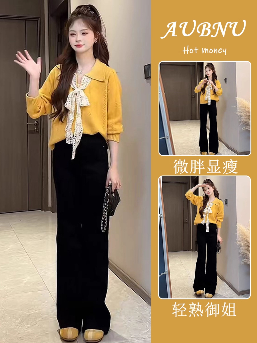 巨好看的秋装一整套法式慵懒小香风蕾丝系带针织衫毛衣阔腿裤套装