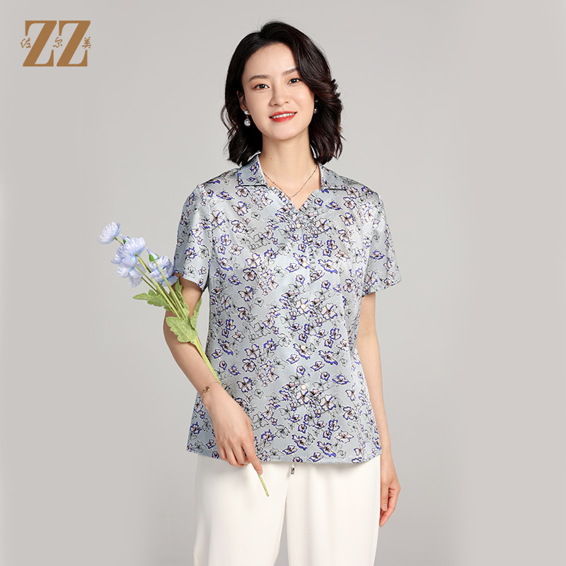 夏季新款 气质桑蚕丝真丝小碎花短袖衬衣女E22CS42