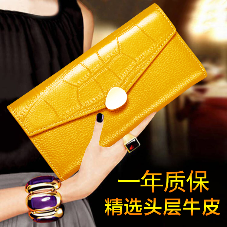 涵冠2025新款黄色招财钱包女长款精致真皮软头层牛皮放手机小手包