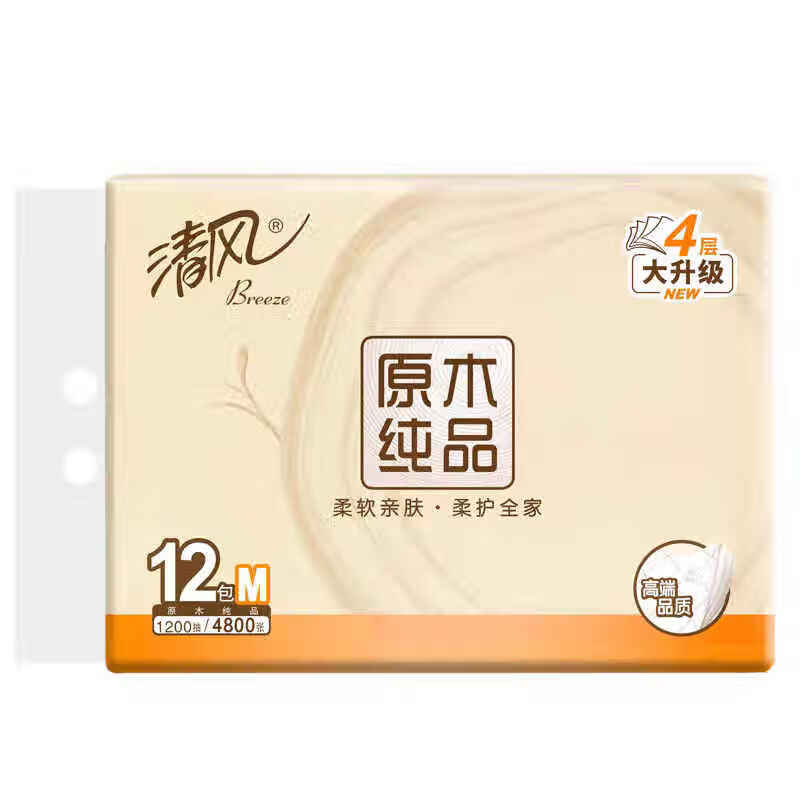 清风抽纸 原木纯品M码12包400张4层加厚面巾纸家用餐巾纸实惠装