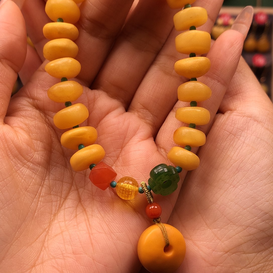 银S925镶嵌蜜蜡戒指手串