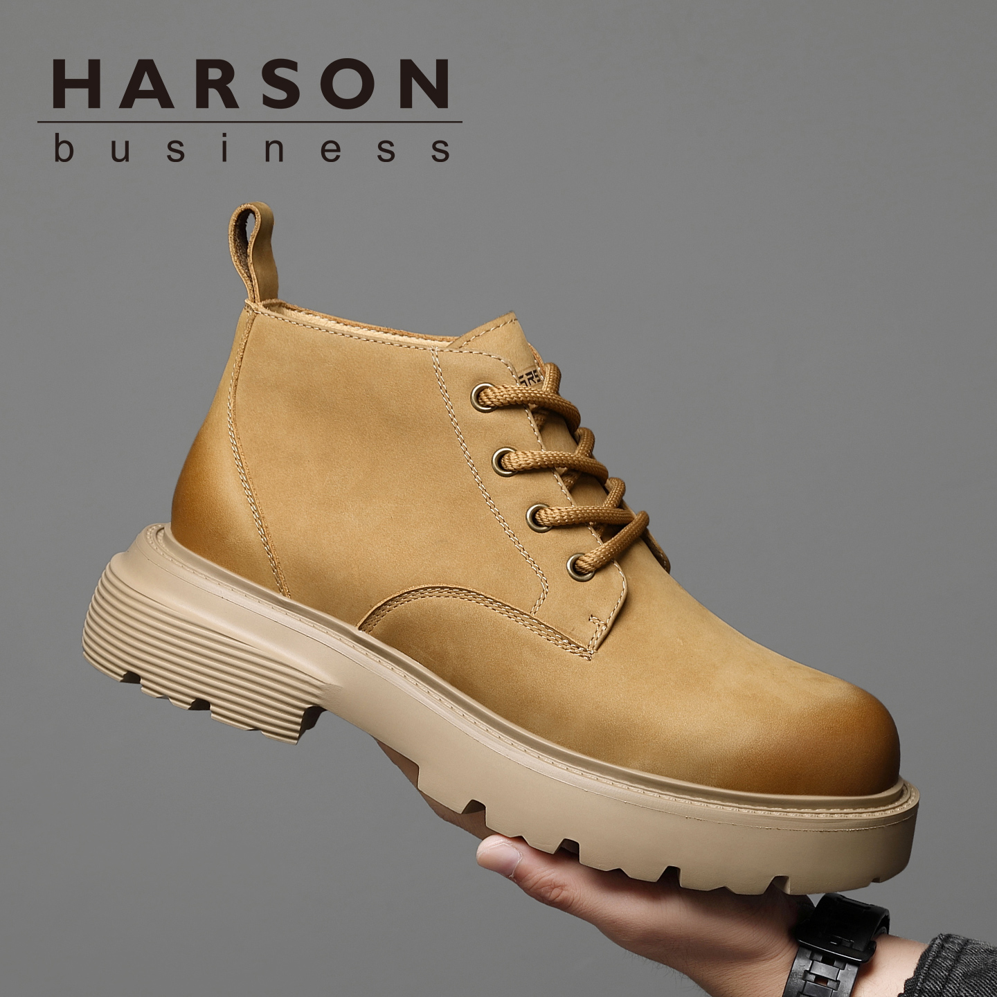 Harson/哈森【头层牛皮】马丁靴冬季加绒大黄靴工装棉靴男士棉鞋潮