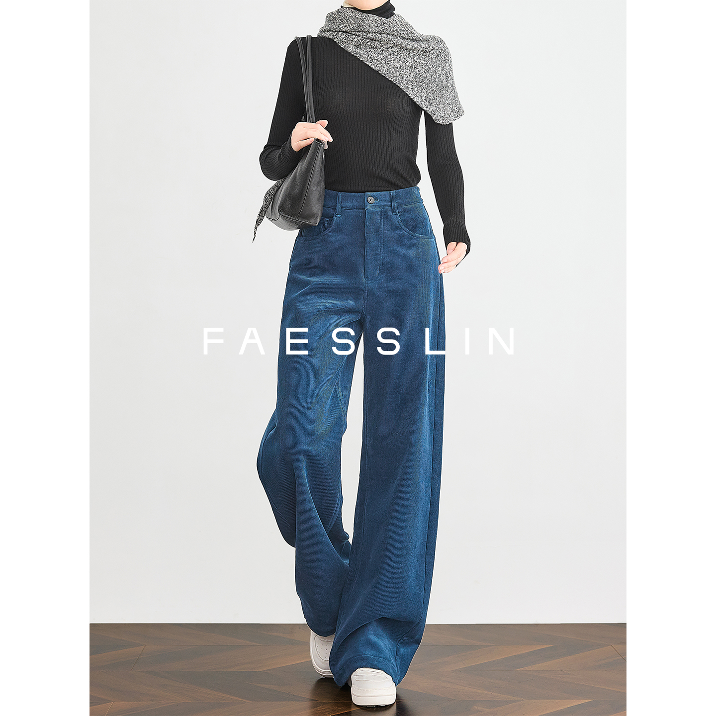 FAESSLIN【华尔街头】藏蓝色灯芯绒休闲裤加绒加厚宽松直筒裤女冬