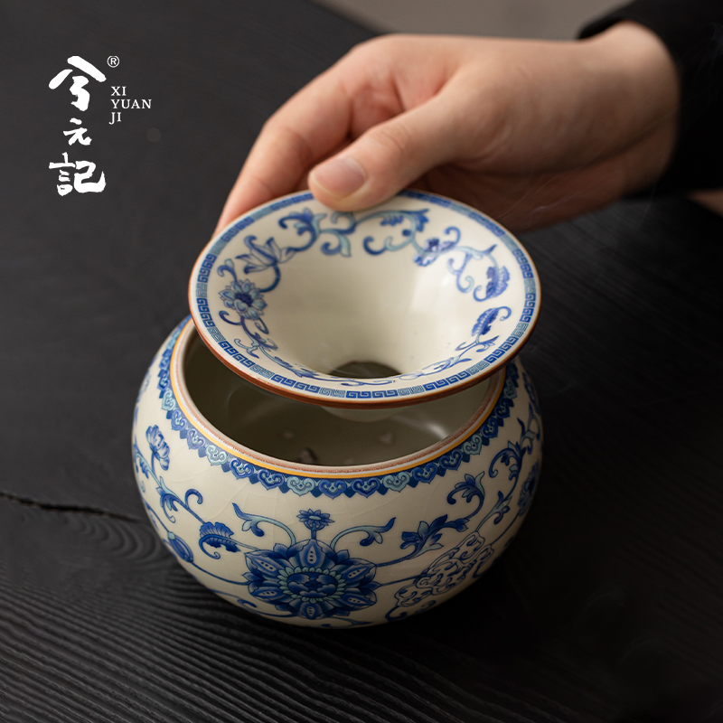 兮元记当代青花汝窑陶瓷烟灰缸防飞灰异味建水家用办公室个性摆件