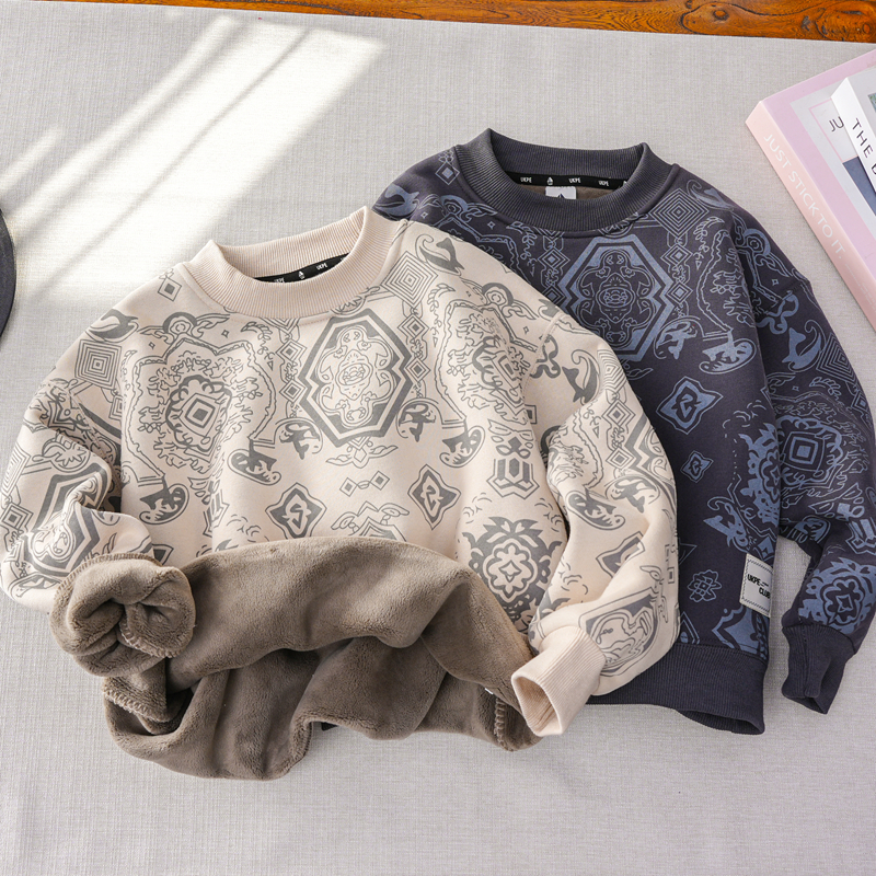 男童加绒卫衣男孩一体绒加厚打底上衣秋冬装新款2025男孩满印圆领