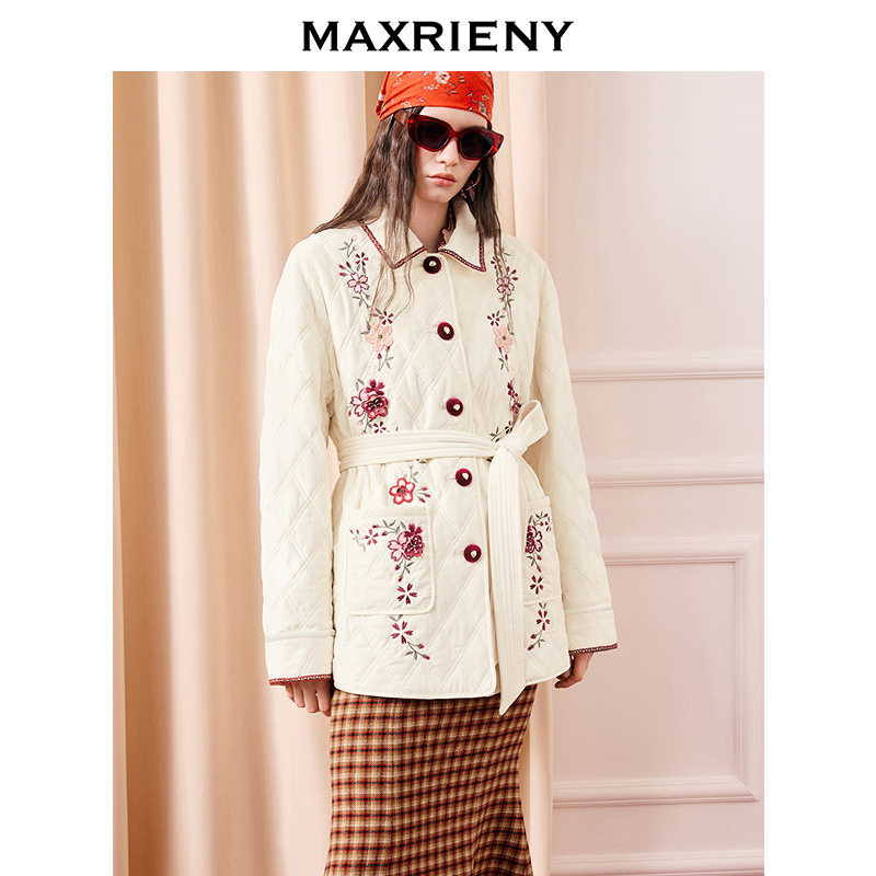 MAXRIENY2026春樱花刺绣绒感外套中长款夹克风甜酷新年穿搭棉服女