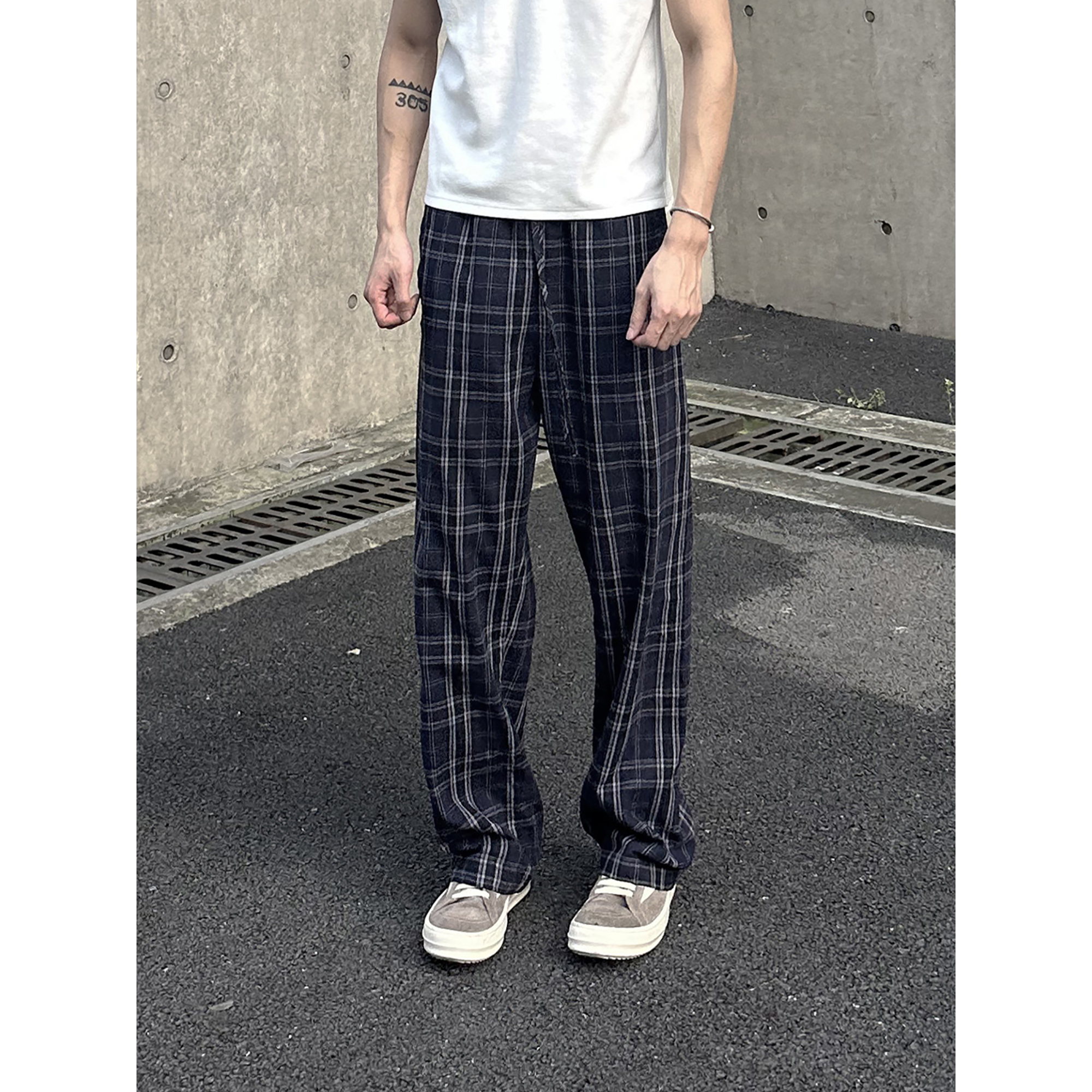 LIMOU秋款巴家纯全棉直筒宽松垂坠感休闲格纹长裤格子裤男女同款