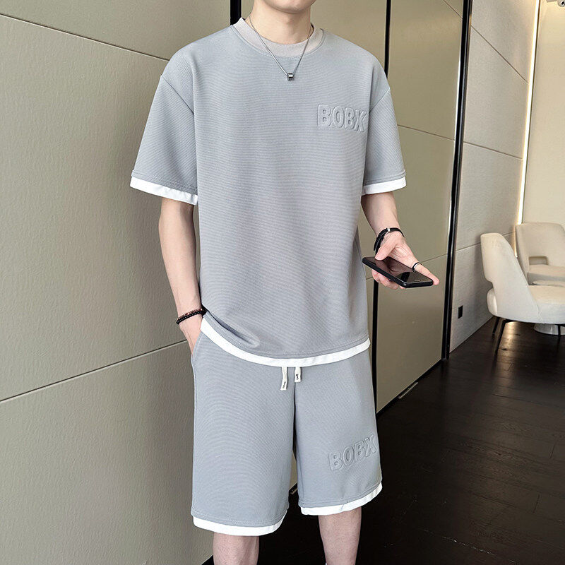 【高品质 冰丝套装】男士套装夏季休闲百搭潮流运动短裤短袖T830  A