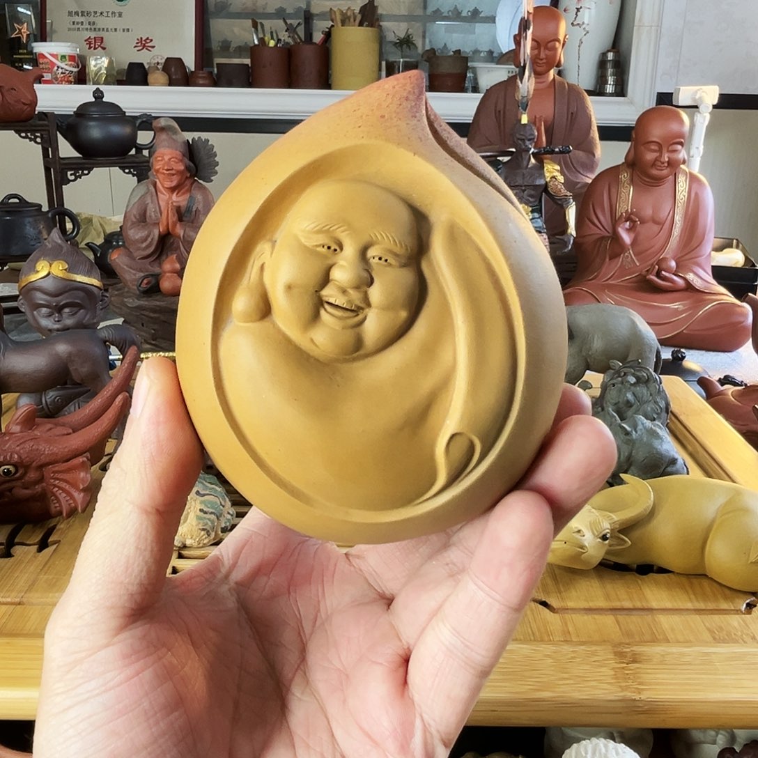 紫砂茶杯寿桃弥勒茶宠