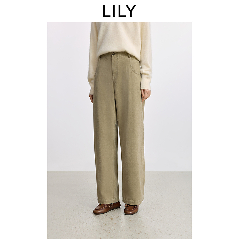 LILY2025冬新款纯棉简约宽松休闲阔腿裤磨毛牛仔裤女125429GJ920