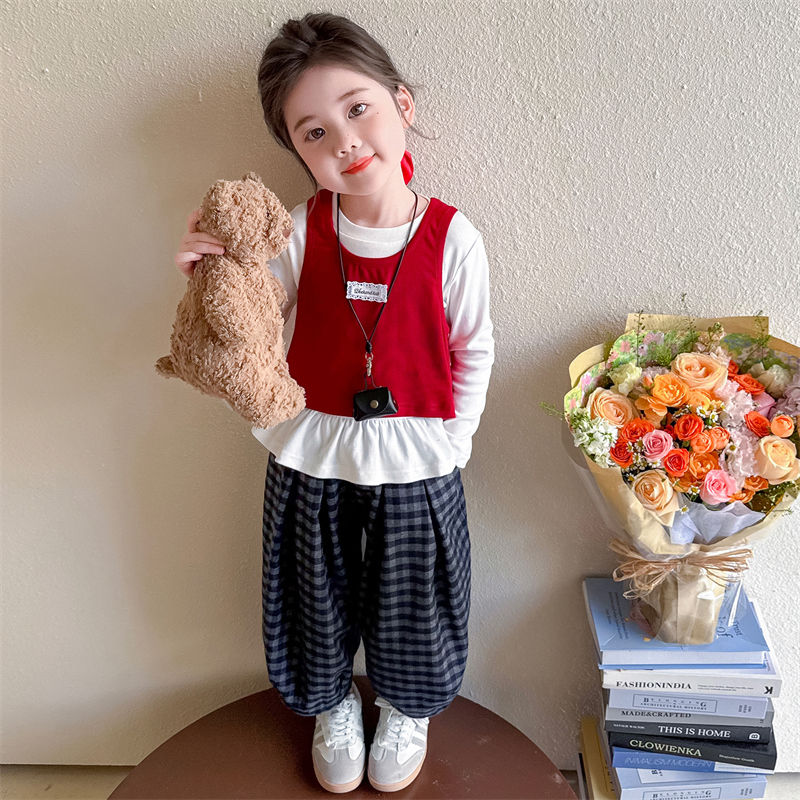 女童秋装套装2025新款春秋长袖上衣针织马甲背心格子裤女宝宝三件