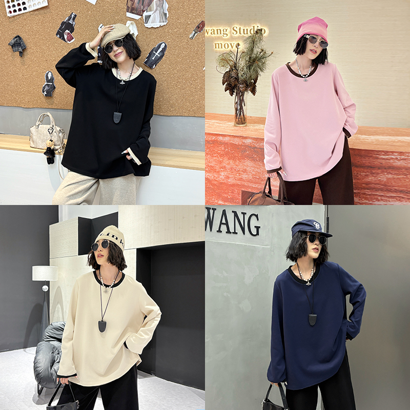 大码女装圆领长袖T恤120斤到260斤胖mm宽松遮肚子显瘦打底衫秋冬