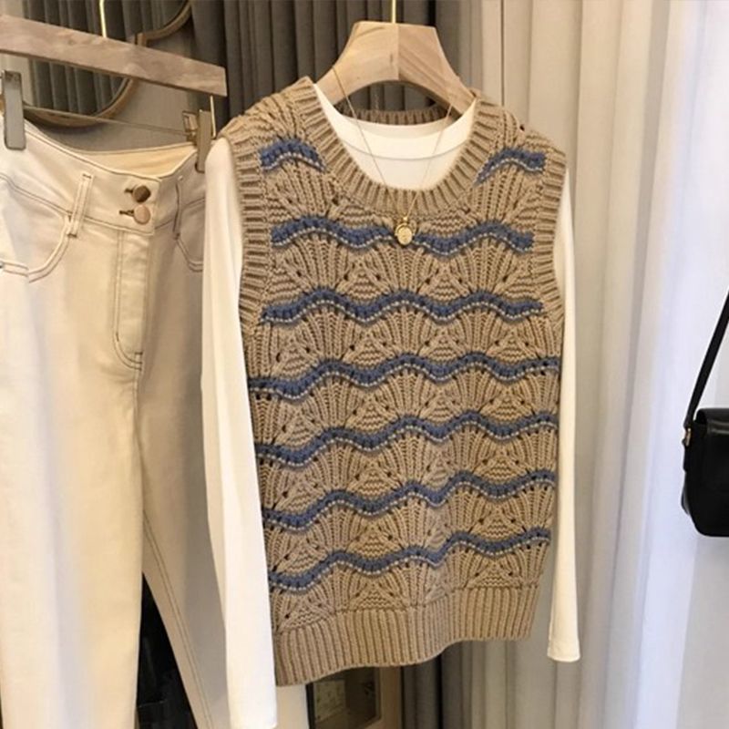 OD01416秋软糯慵懒风高级感欧货重工卡其色波浪条纹马甲针织毛衣