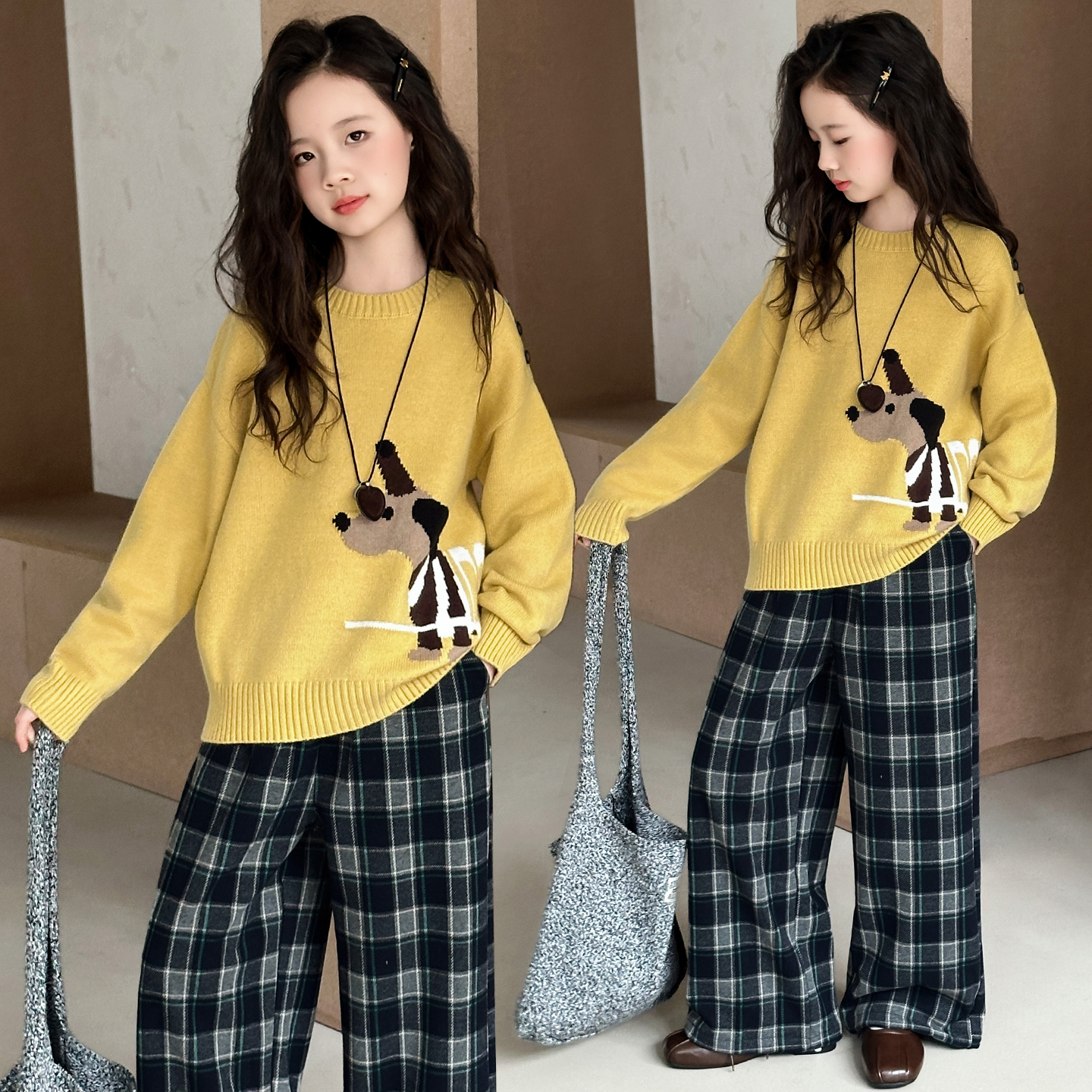 女童春秋新款卡通腊肠狗针织毛衣套装中大童女孩直筒格子裤两件套