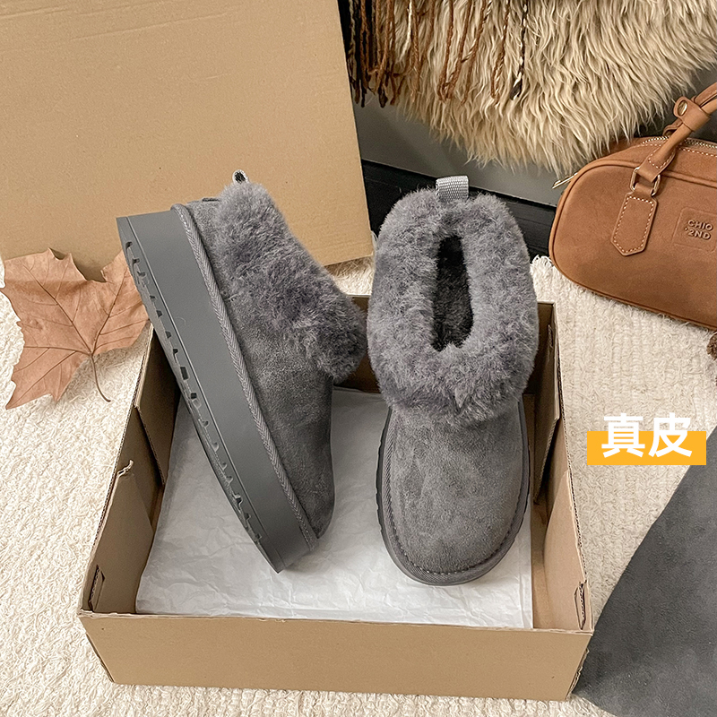 真皮厚底巨好看毛毛雪地靴女冬季加绒加厚保暖皮毛一体一脚蹬棉鞋