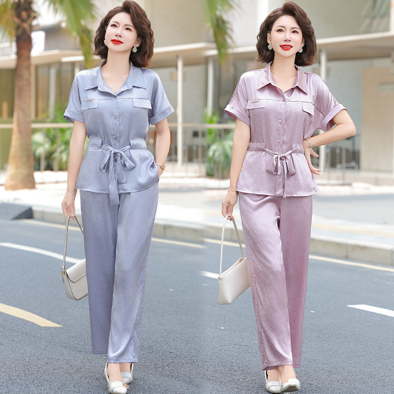母亲节妈妈夏装收腰衬衫套装2025新款中老年女装夏季宽松短袖上衣
