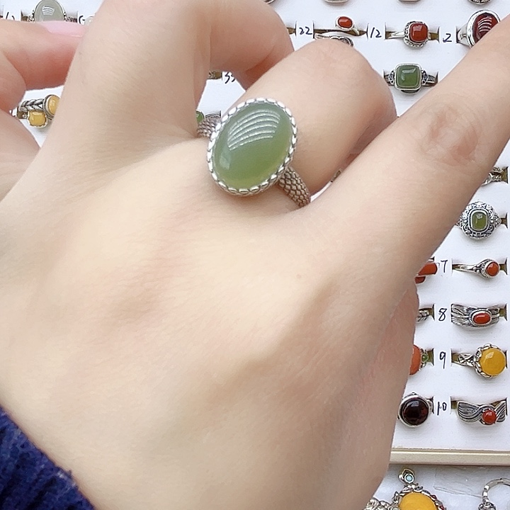 和田玉戒指银S925镶嵌天然