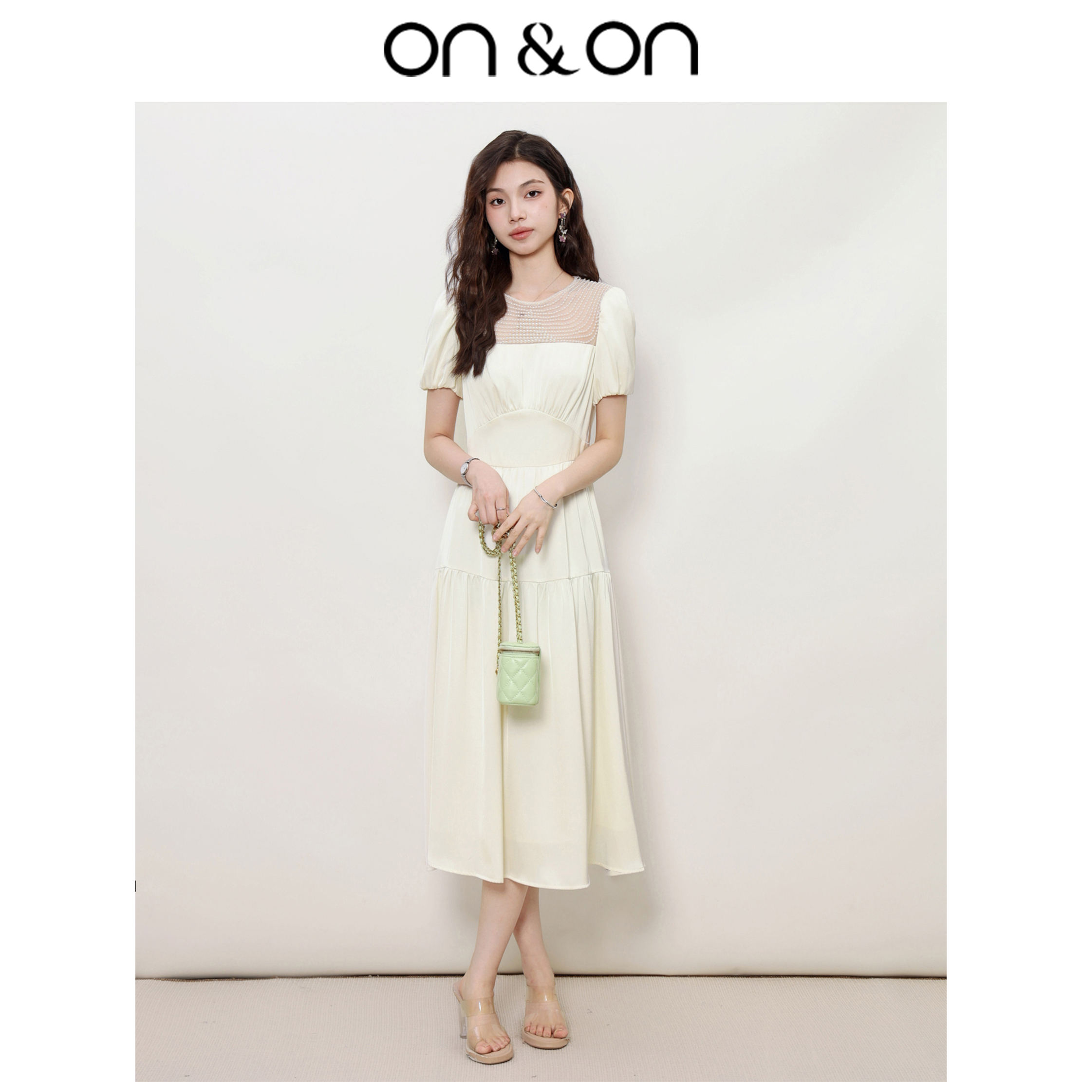 ON&ON/安乃安25夏法式优雅手工珍珠泡泡袖女装连衣裙-N3SU16051