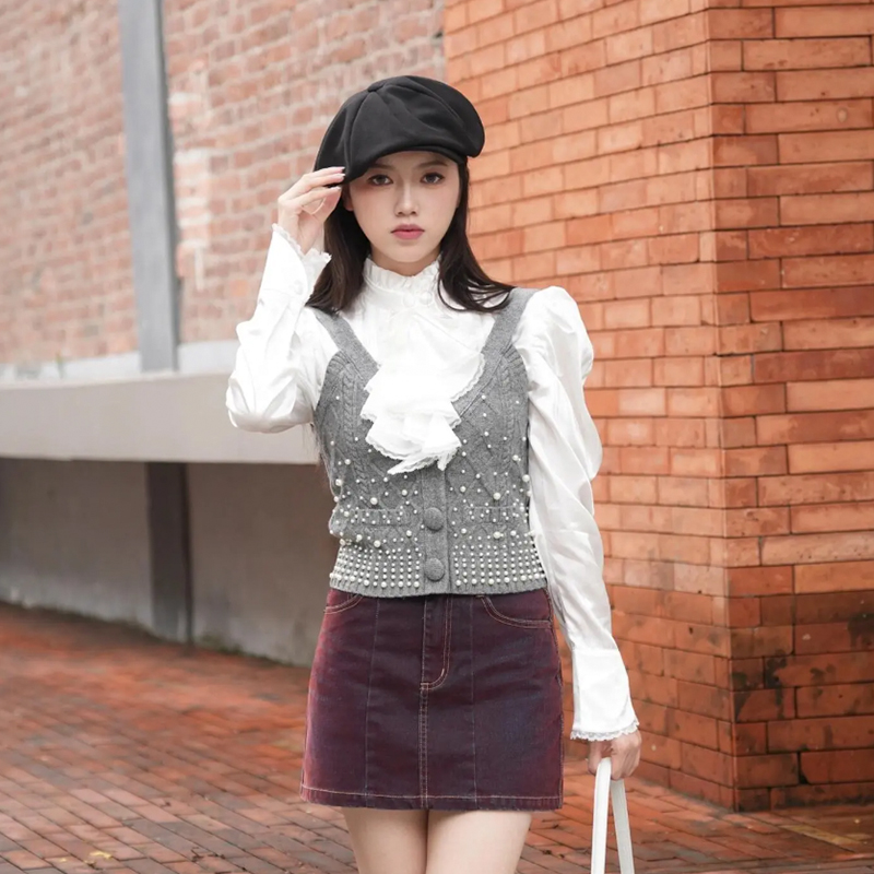 法式设计感假两件上衣女2025秋冬新款富家千金毛织拼接学院风衬衫