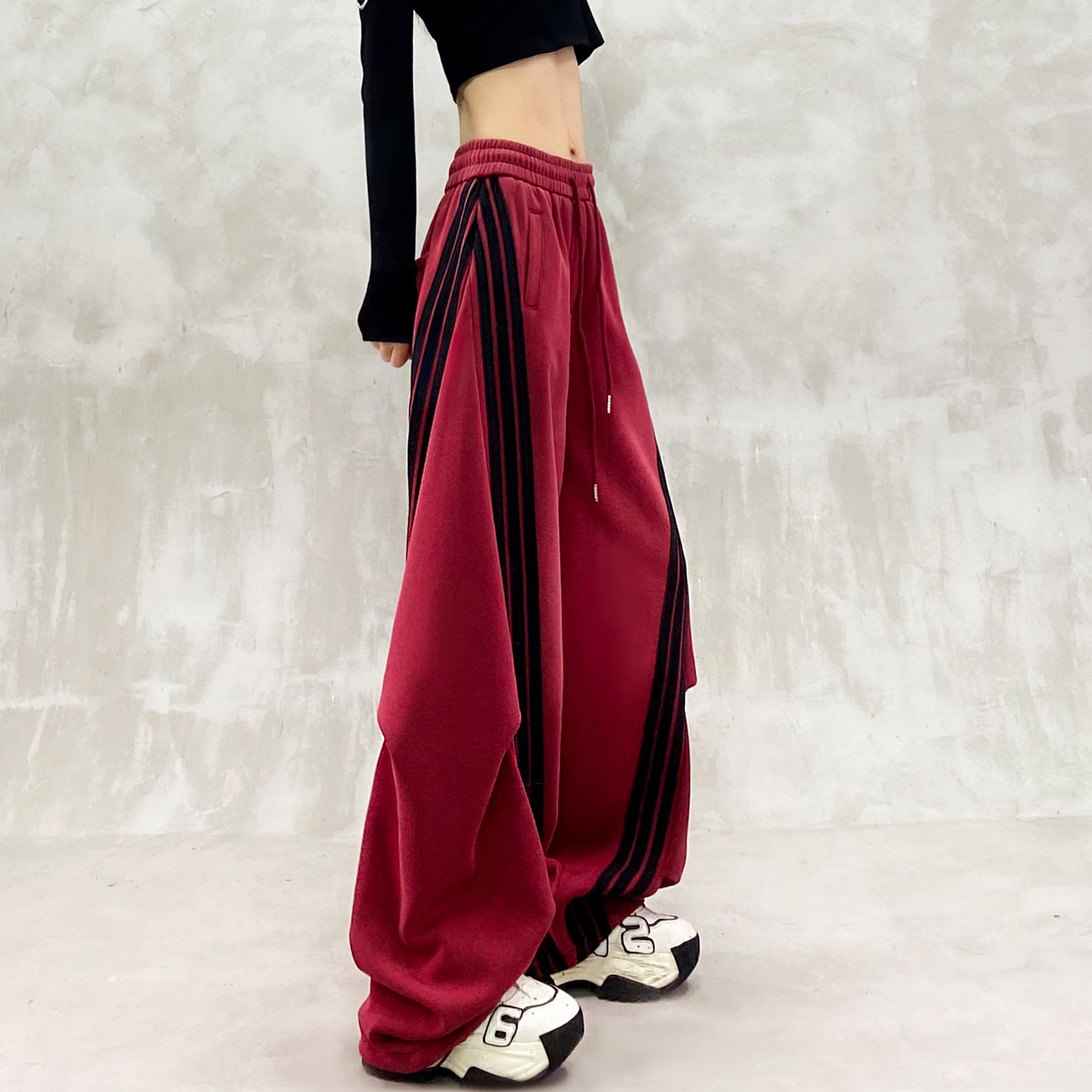 洋气褶纹条纹设计休闲弯刀裤女春新款高腰宽松显瘦百搭直筒工装裤