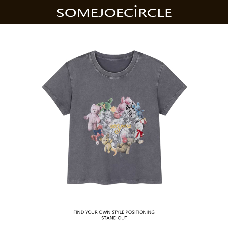 SOMEJOECIRCLE【T恤】新款圆领短款式爱心熊熊刺绣T恤上衣64905