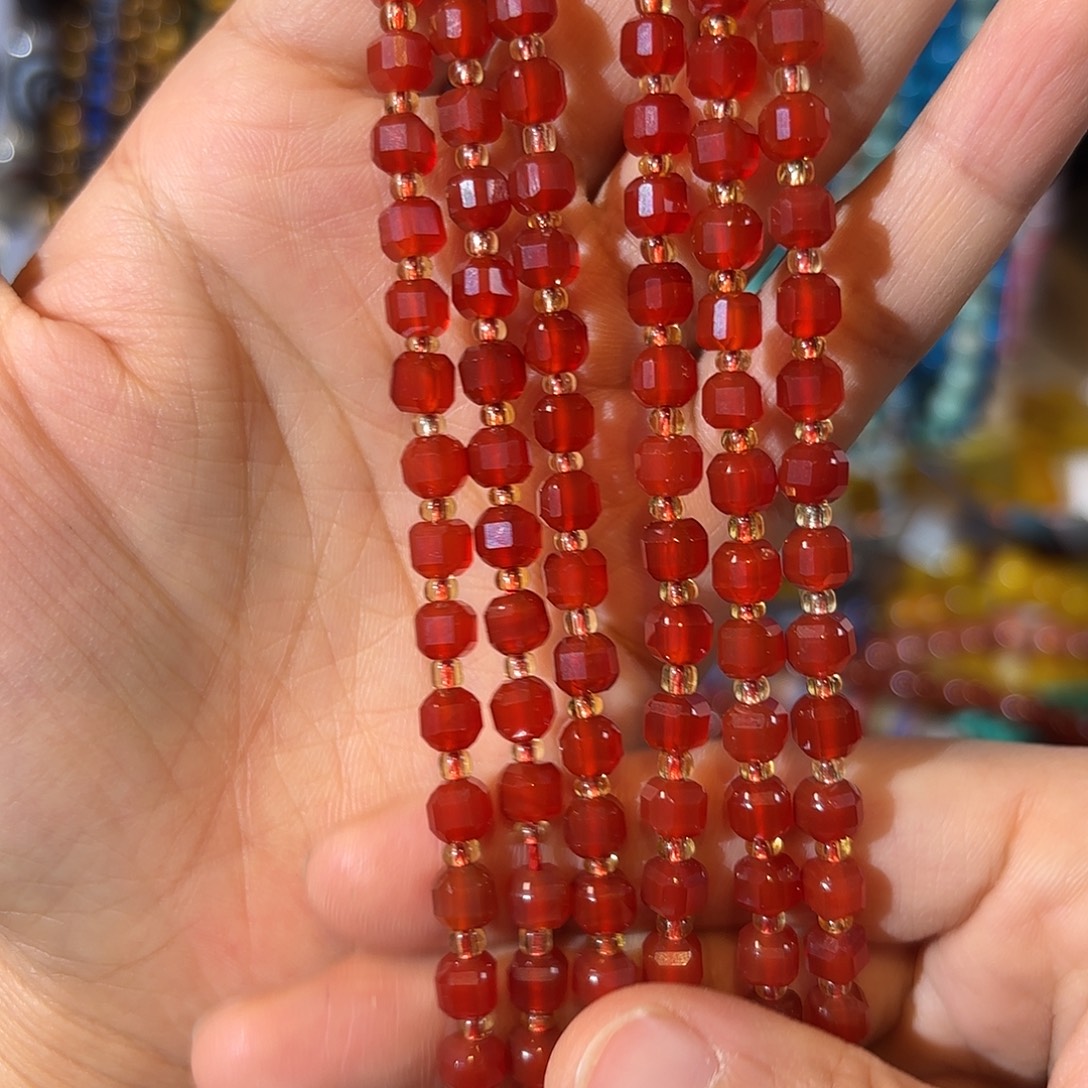 玛瑙/玉髓银S925镀金镶嵌珠宝半成品红玛瑙方糖卡6一条