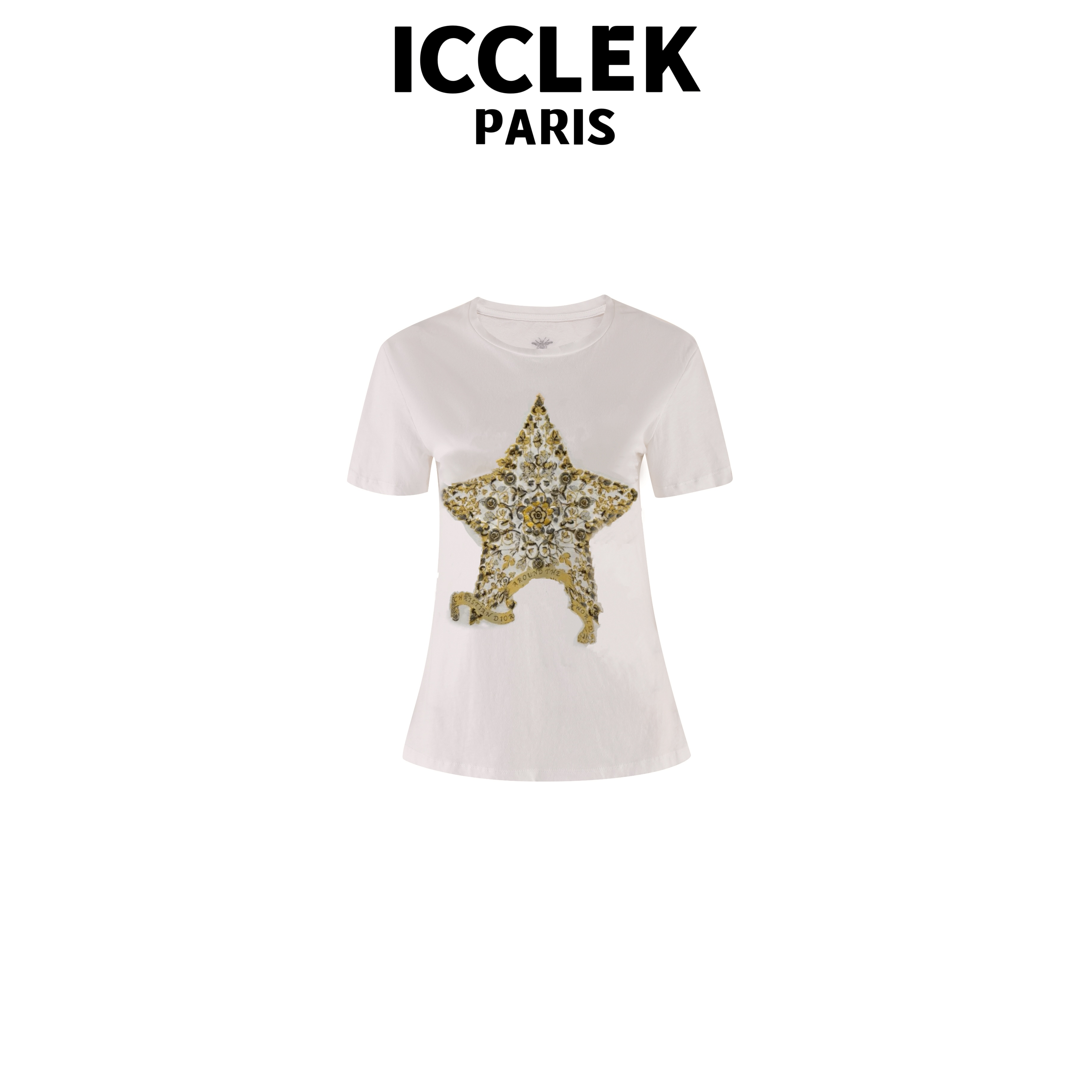 ICCLEK  五角星花卉刺绣圆领短袖T恤 百搭  时尚 -6007