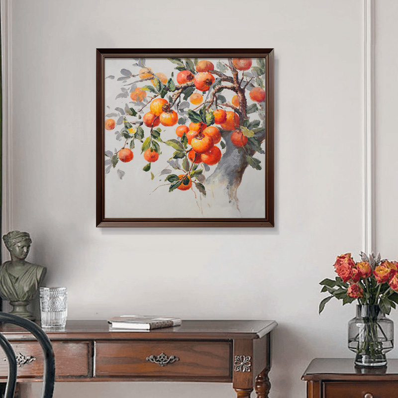 u作【事事如意】手工油画玄关装饰画中古风新中式挂画餐厅柿子画