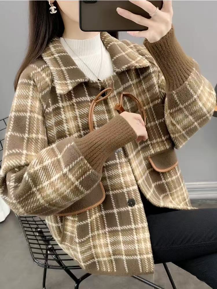 216#衣长62加厚水貂绒外套女秋冬季2025新款宽松上衣韩版百搭格子
