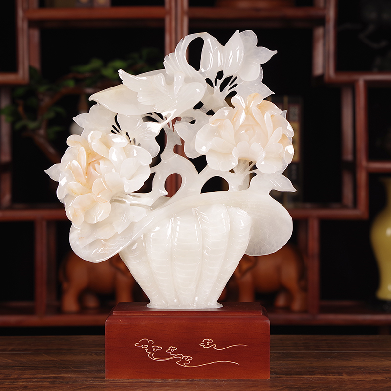 天然玉石牡丹花开富贵雕刻摆件客厅玄关居家装饰摆设乔迁生日礼物