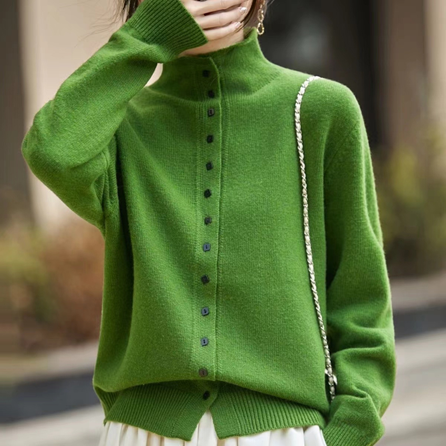 酷飒针织开衫女秋冬新款时尚休闲外套慵懒风纯色高领宽松毛衣