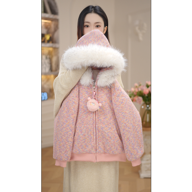 女童卫衣冬季连帽2025新款女孩加绒加厚保暖连帽毛领外套Z7987