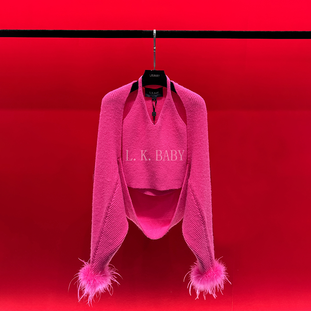 【L.K.BABY】桃花悦色 fashion设计感廓形运动羽毛披肩吊带开衫外套