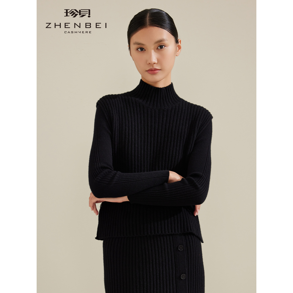 ZB/珍贝2024秋冬新款纯羊绒半高领加厚抽条无袖针织衫背心女31142