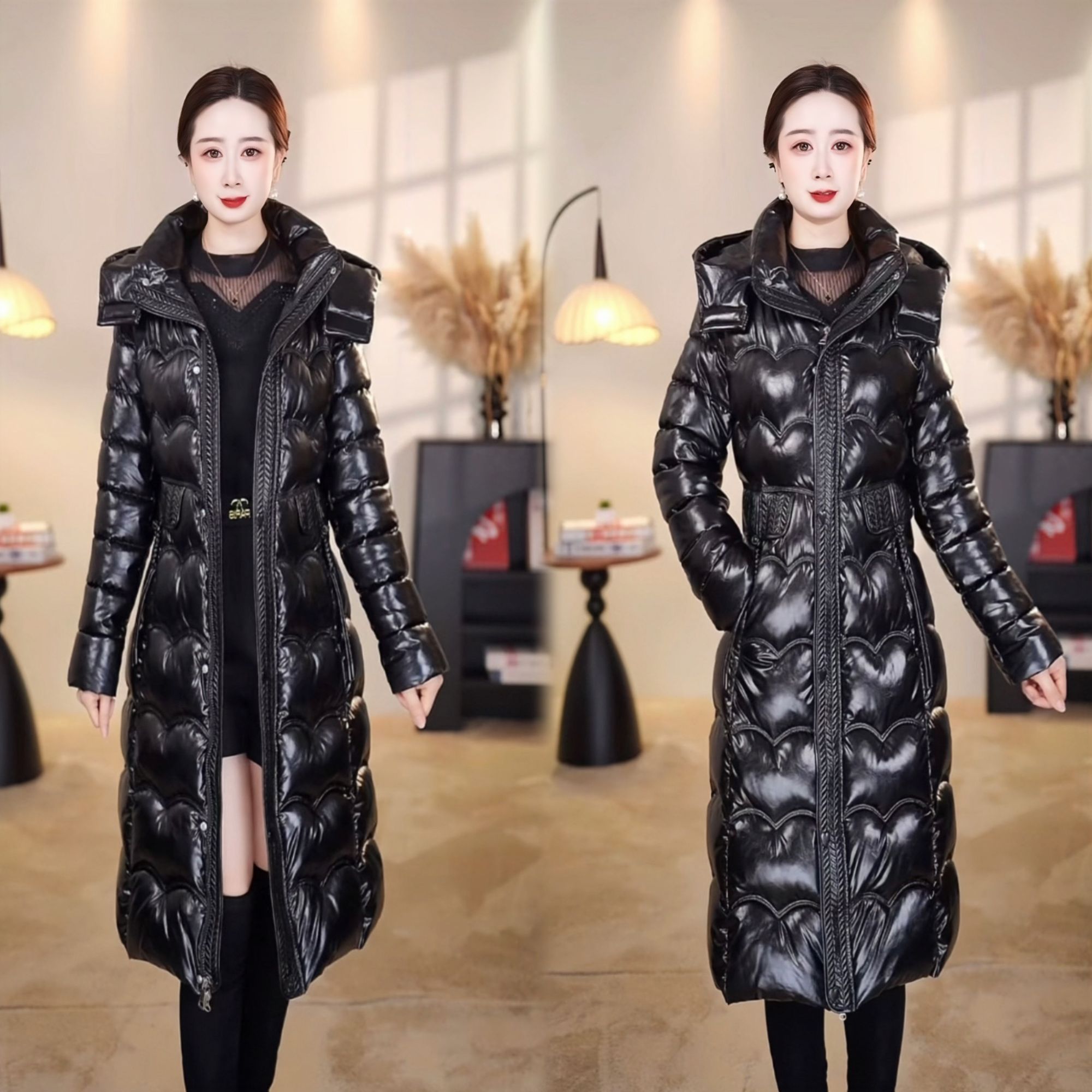 2025年冬季新款减龄过膝亮面免洗显瘦女长款保暖外套