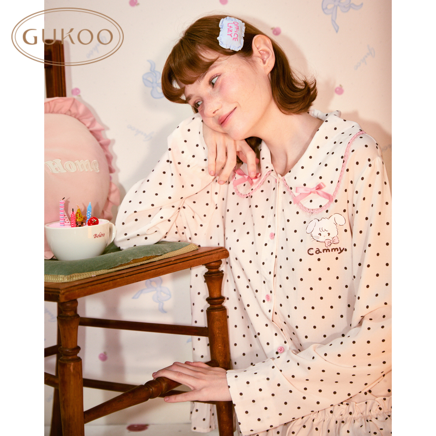 【Gukoo/果壳】mikko联名春夏甜美睡衣纯棉波点套装长袖女家居服